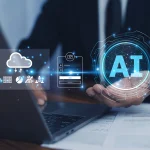 Businessman using a laptop with digital interface icons representing AI, cloud computing, data analytics, and secure login, symbolizing AI integration in business operations.