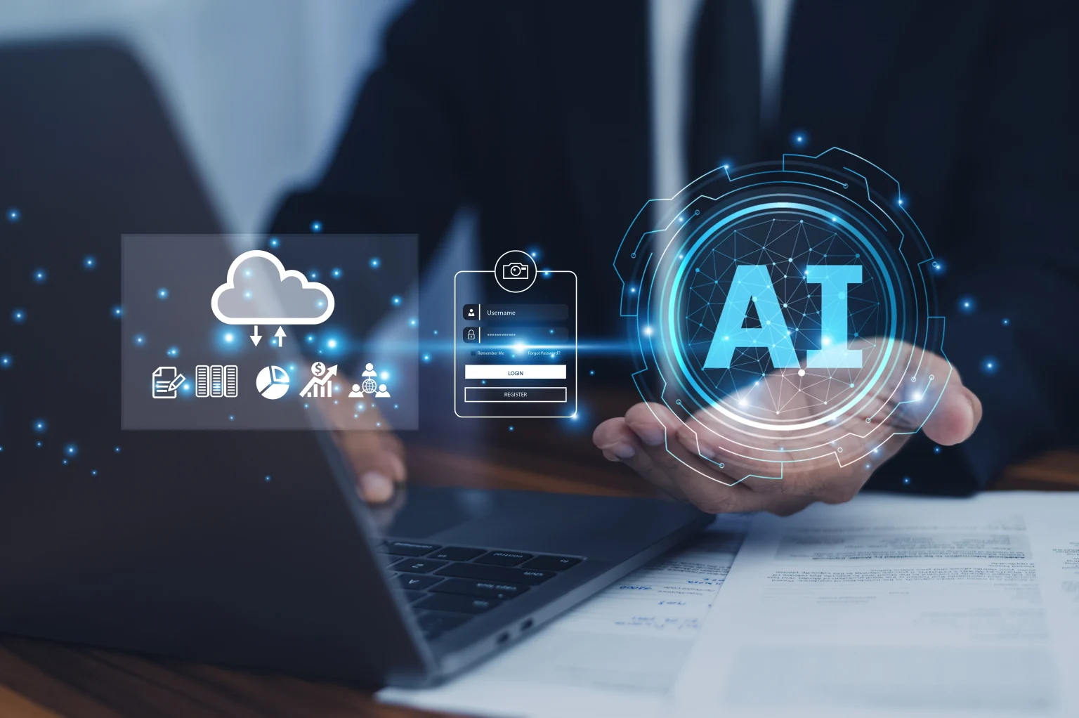 Businessman using a laptop with digital interface icons representing AI, cloud computing, data analytics, and secure login, symbolizing AI integration in business operations.