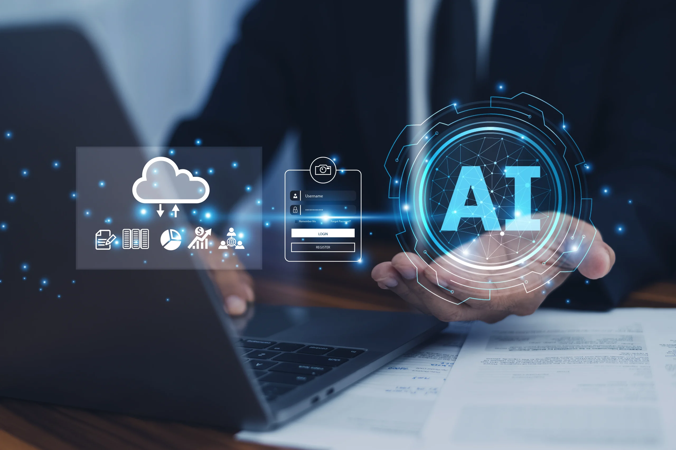 Businessman using a laptop with digital interface icons representing AI, cloud computing, data analytics, and secure login, symbolizing AI integration in business operations.